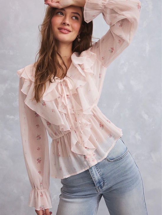 Trixxi Tops - TRIXXI L Greta Pale Pink ditzy floral ruffled chest & sleeve sheer button blouse